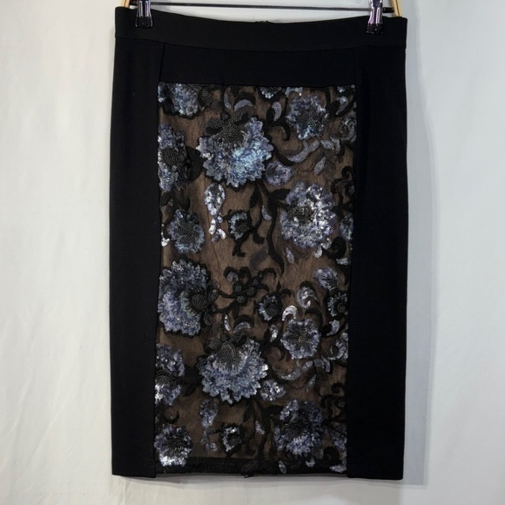 🍕BCBGMaxAzria Black and Gray Floral sequin Pencil Skirt full length back zipper